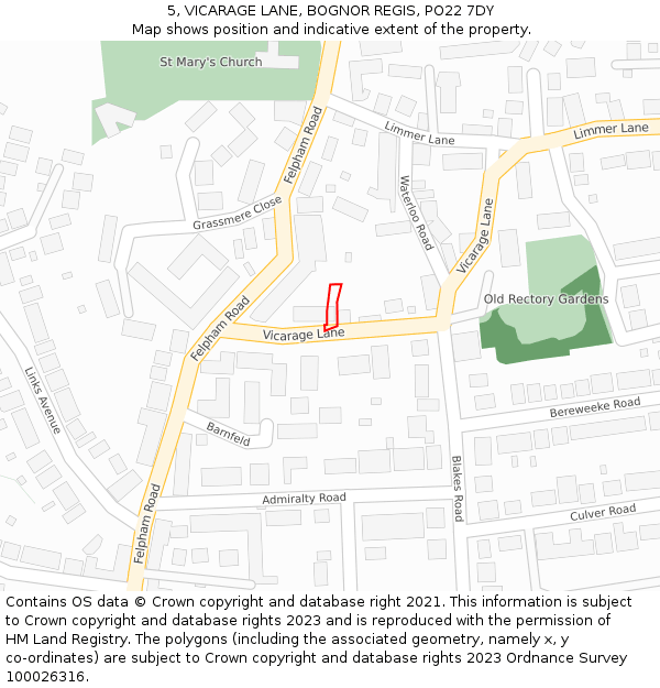 5, VICARAGE LANE, BOGNOR REGIS, PO22 7DY: Location map and indicative extent of plot