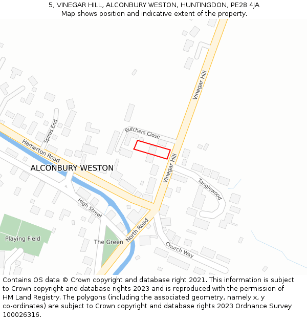 5, VINEGAR HILL, ALCONBURY WESTON, HUNTINGDON, PE28 4JA: Location map and indicative extent of plot