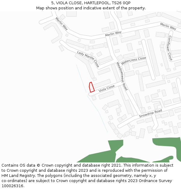 5, VIOLA CLOSE, HARTLEPOOL, TS26 0QP: Location map and indicative extent of plot