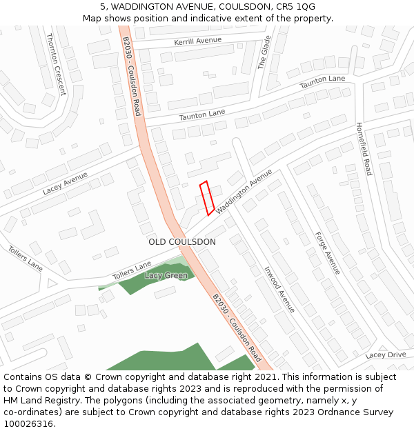 5, WADDINGTON AVENUE, COULSDON, CR5 1QG: Location map and indicative extent of plot