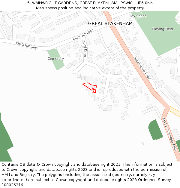 5, WAINWRIGHT GARDENS, GREAT BLAKENHAM, IPSWICH, IP6 0NN: Location map and indicative extent of plot