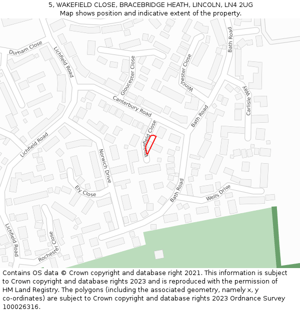 5, WAKEFIELD CLOSE, BRACEBRIDGE HEATH, LINCOLN, LN4 2UG: Location map and indicative extent of plot