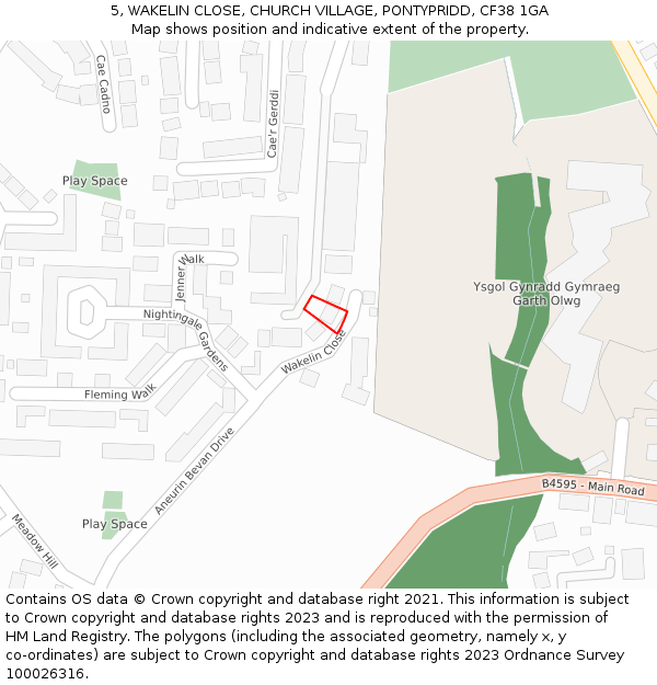 5, WAKELIN CLOSE, CHURCH VILLAGE, PONTYPRIDD, CF38 1GA: Location map and indicative extent of plot