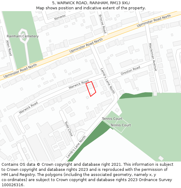 5, WARWICK ROAD, RAINHAM, RM13 9XU: Location map and indicative extent of plot