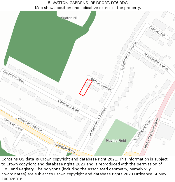 5, WATTON GARDENS, BRIDPORT, DT6 3DG: Location map and indicative extent of plot