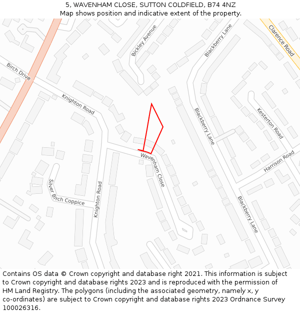 5, WAVENHAM CLOSE, SUTTON COLDFIELD, B74 4NZ: Location map and indicative extent of plot