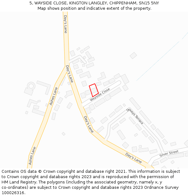 5, WAYSIDE CLOSE, KINGTON LANGLEY, CHIPPENHAM, SN15 5NY: Location map and indicative extent of plot