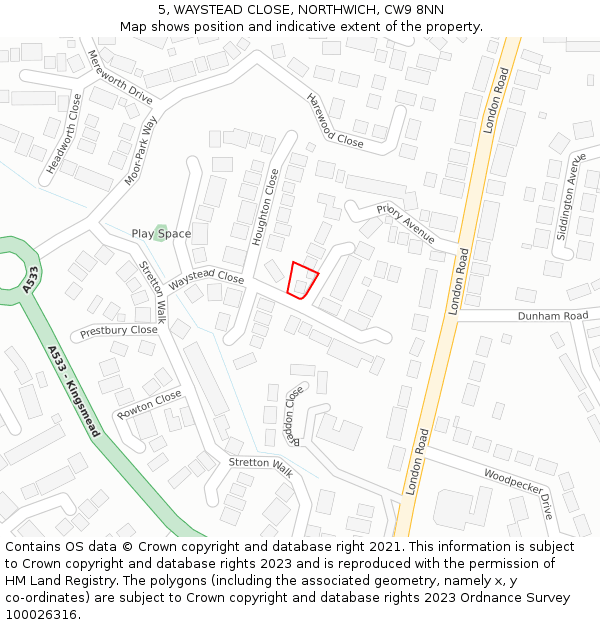 5, WAYSTEAD CLOSE, NORTHWICH, CW9 8NN: Location map and indicative extent of plot