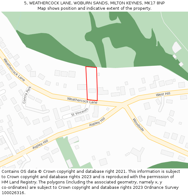 5, WEATHERCOCK LANE, WOBURN SANDS, MILTON KEYNES, MK17 8NP: Location map and indicative extent of plot