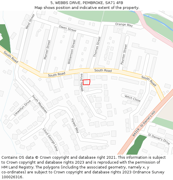 5, WEBBS DRIVE, PEMBROKE, SA71 4FB: Location map and indicative extent of plot