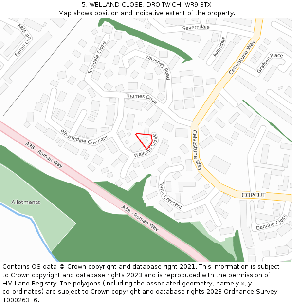 5, WELLAND CLOSE, DROITWICH, WR9 8TX: Location map and indicative extent of plot