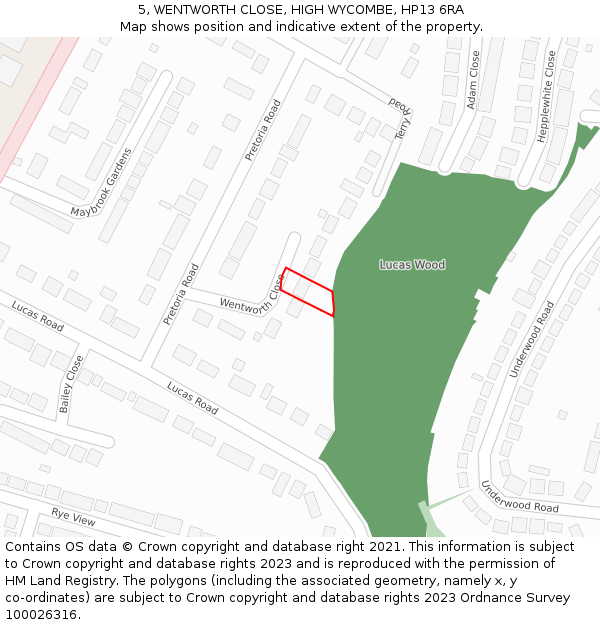 5, WENTWORTH CLOSE, HIGH WYCOMBE, HP13 6RA: Location map and indicative extent of plot