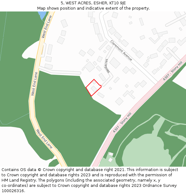 5, WEST ACRES, ESHER, KT10 9JE: Location map and indicative extent of plot