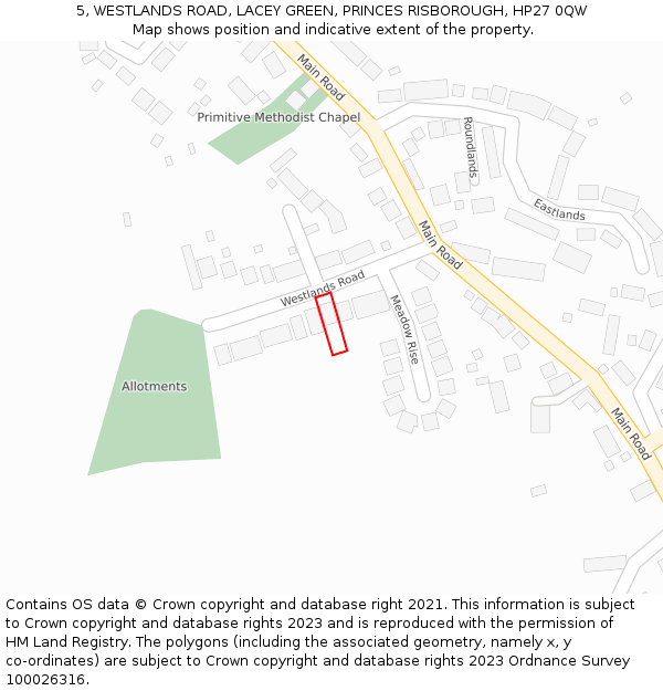 5, WESTLANDS ROAD, LACEY GREEN, PRINCES RISBOROUGH, HP27 0QW: Location map and indicative extent of plot