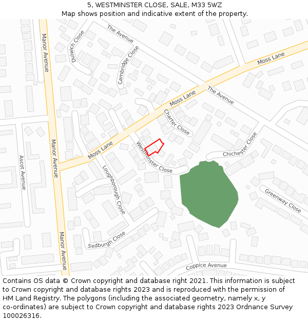 5, WESTMINSTER CLOSE, SALE, M33 5WZ: Location map and indicative extent of plot