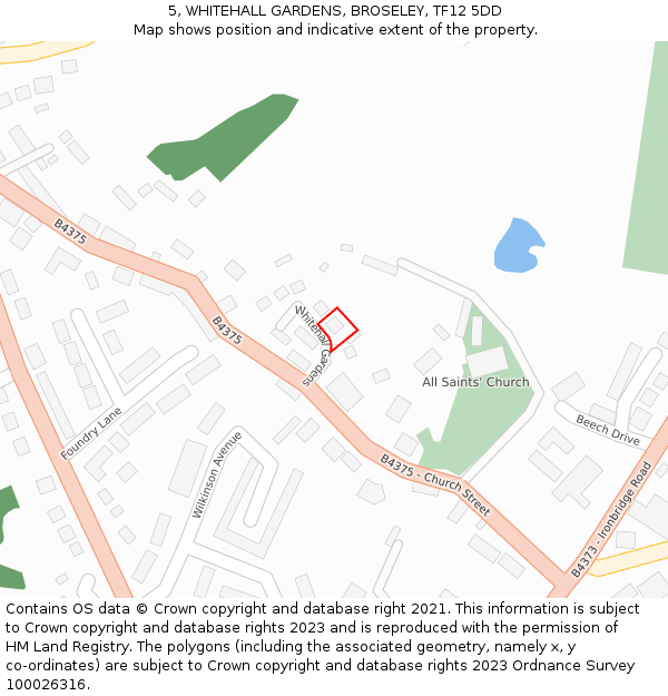 5, WHITEHALL GARDENS, BROSELEY, TF12 5DD: Location map and indicative extent of plot