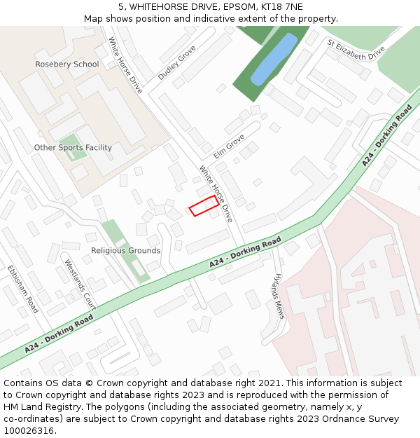 5, WHITEHORSE DRIVE, EPSOM, KT18 7NE: Location map and indicative extent of plot