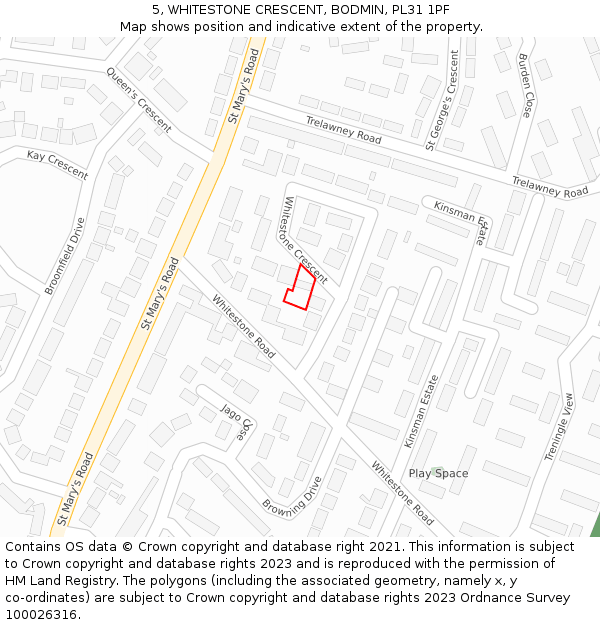 5, WHITESTONE CRESCENT, BODMIN, PL31 1PF: Location map and indicative extent of plot