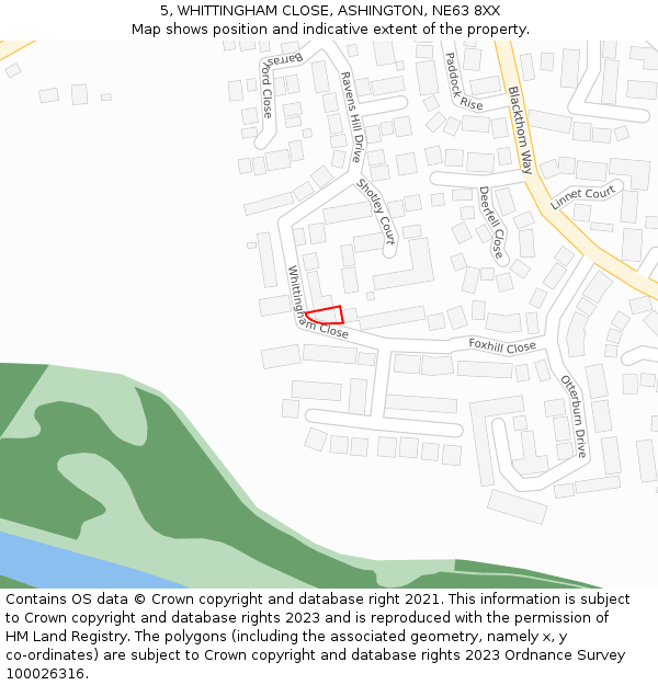 5, WHITTINGHAM CLOSE, ASHINGTON, NE63 8XX: Location map and indicative extent of plot