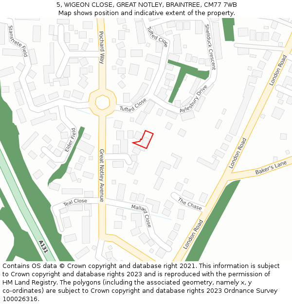 5, WIGEON CLOSE, GREAT NOTLEY, BRAINTREE, CM77 7WB: Location map and indicative extent of plot