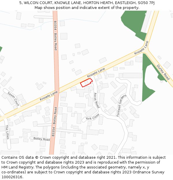 5, WILCON COURT, KNOWLE LANE, HORTON HEATH, EASTLEIGH, SO50 7PJ: Location map and indicative extent of plot