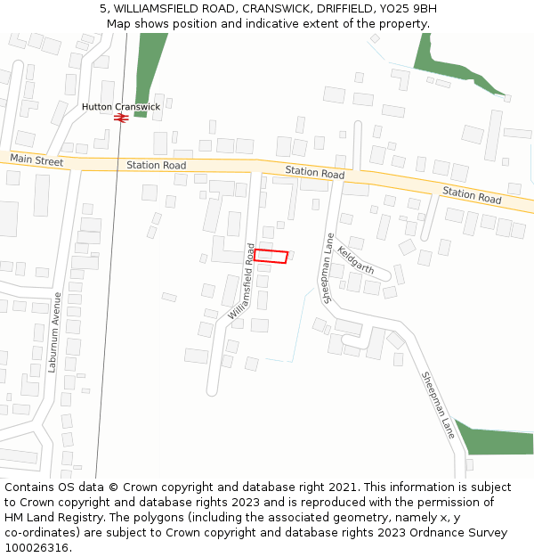 5, WILLIAMSFIELD ROAD, CRANSWICK, DRIFFIELD, YO25 9BH: Location map and indicative extent of plot