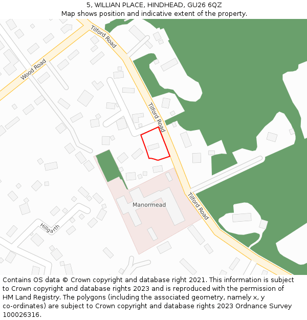 5, WILLIAN PLACE, HINDHEAD, GU26 6QZ: Location map and indicative extent of plot