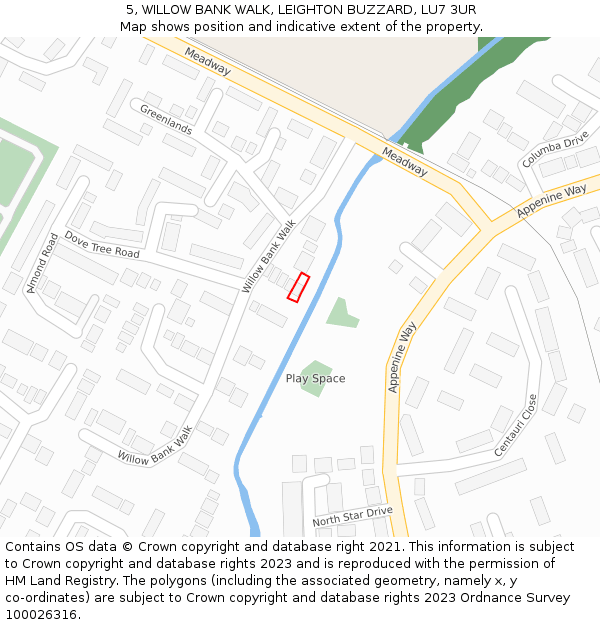 5, WILLOW BANK WALK, LEIGHTON BUZZARD, LU7 3UR: Location map and indicative extent of plot