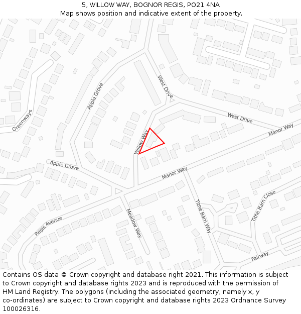 5, WILLOW WAY, BOGNOR REGIS, PO21 4NA: Location map and indicative extent of plot