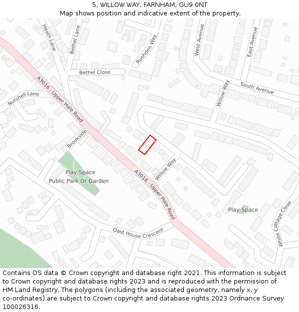 5, WILLOW WAY, FARNHAM, GU9 0NT: Location map and indicative extent of plot