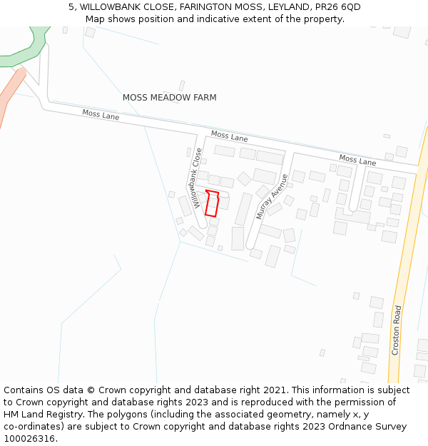 5, WILLOWBANK CLOSE, FARINGTON MOSS, LEYLAND, PR26 6QD: Location map and indicative extent of plot