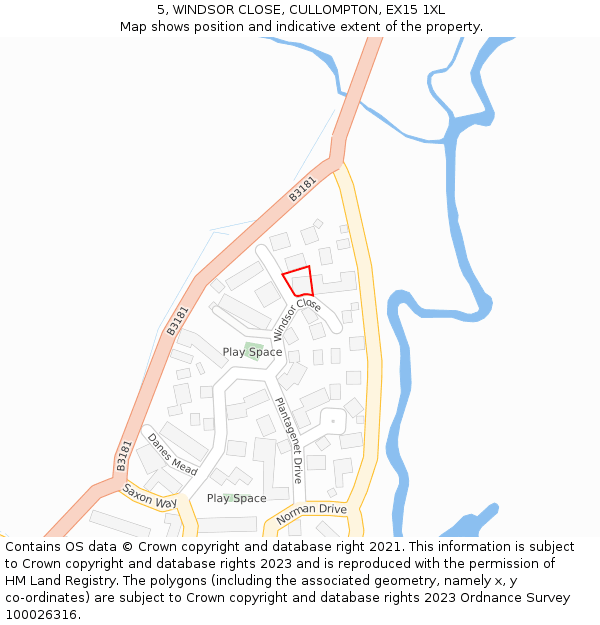 5, WINDSOR CLOSE, CULLOMPTON, EX15 1XL: Location map and indicative extent of plot