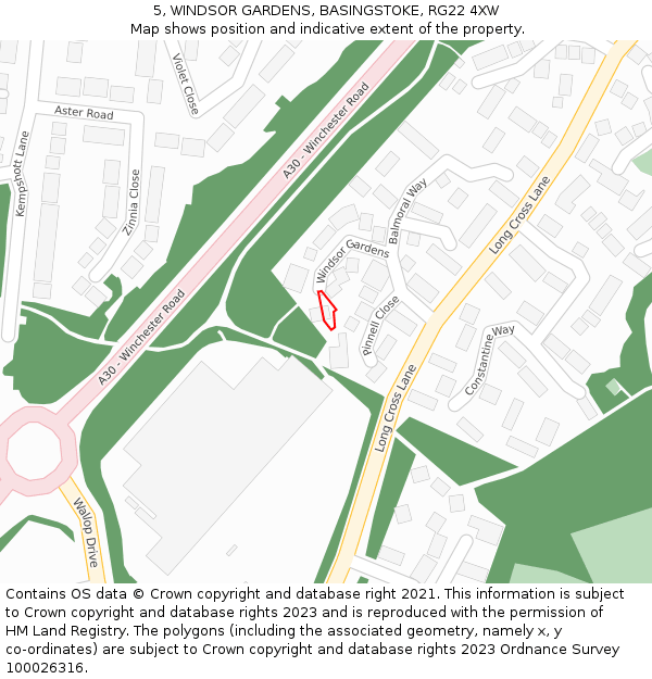 5, WINDSOR GARDENS, BASINGSTOKE, RG22 4XW: Location map and indicative extent of plot