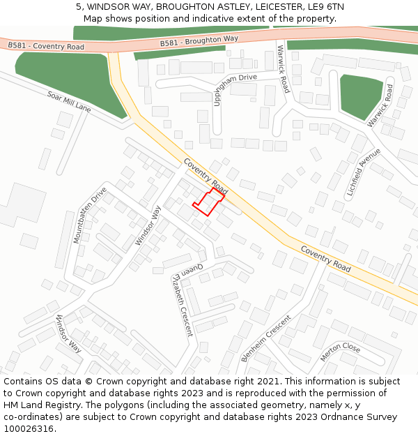 5, WINDSOR WAY, BROUGHTON ASTLEY, LEICESTER, LE9 6TN: Location map and indicative extent of plot