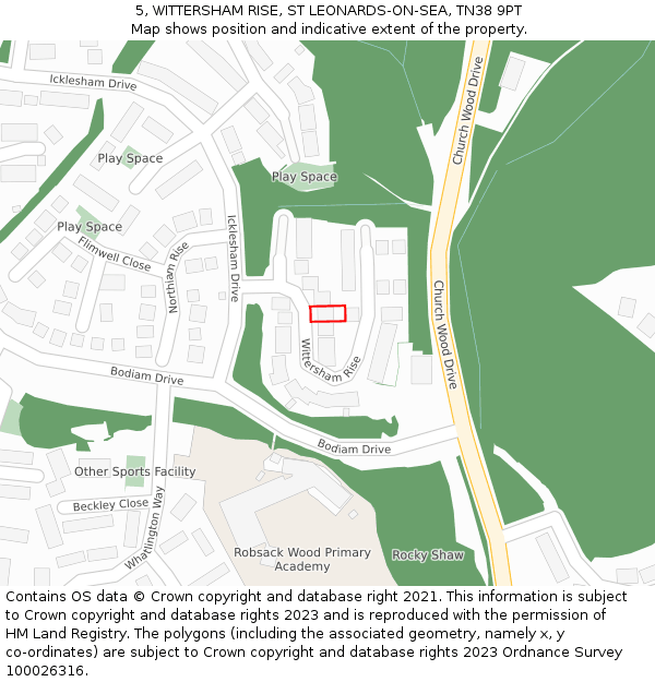 5, WITTERSHAM RISE, ST LEONARDS-ON-SEA, TN38 9PT: Location map and indicative extent of plot