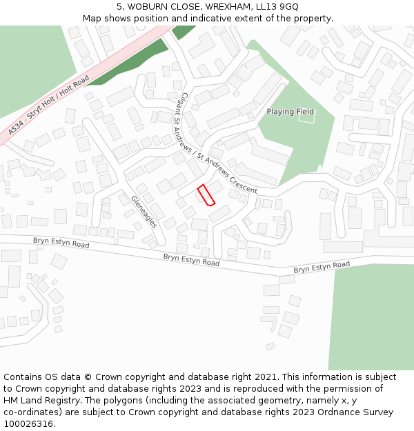 5, WOBURN CLOSE, WREXHAM, LL13 9GQ: Location map and indicative extent of plot