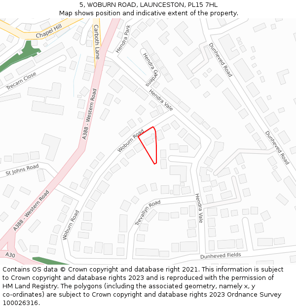 5, WOBURN ROAD, LAUNCESTON, PL15 7HL: Location map and indicative extent of plot