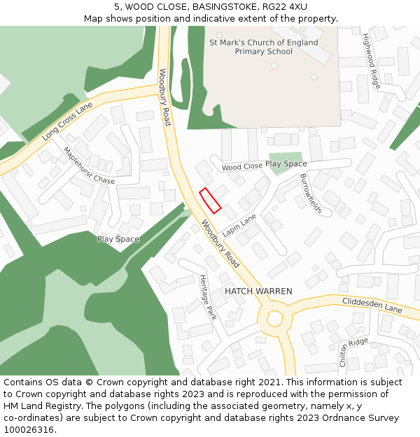 5, WOOD CLOSE, BASINGSTOKE, RG22 4XU: Location map and indicative extent of plot