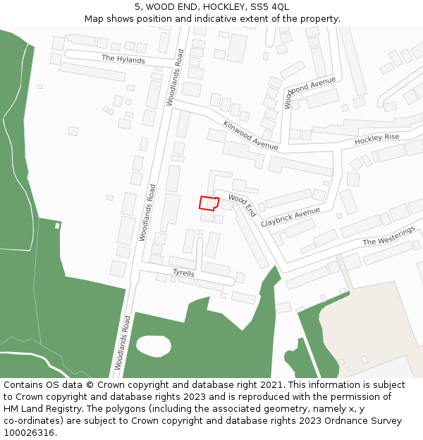 5, WOOD END, HOCKLEY, SS5 4QL: Location map and indicative extent of plot