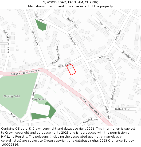 5, WOOD ROAD, FARNHAM, GU9 0PQ: Location map and indicative extent of plot