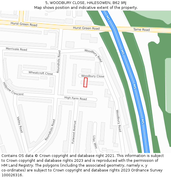 5, WOODBURY CLOSE, HALESOWEN, B62 9RJ: Location map and indicative extent of plot