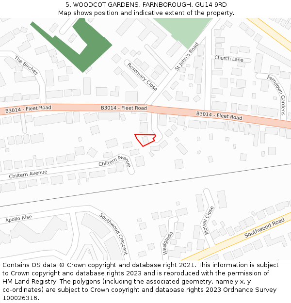 5, WOODCOT GARDENS, FARNBOROUGH, GU14 9RD: Location map and indicative extent of plot