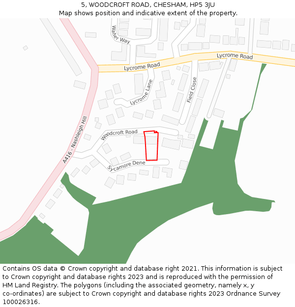 5, WOODCROFT ROAD, CHESHAM, HP5 3JU: Location map and indicative extent of plot