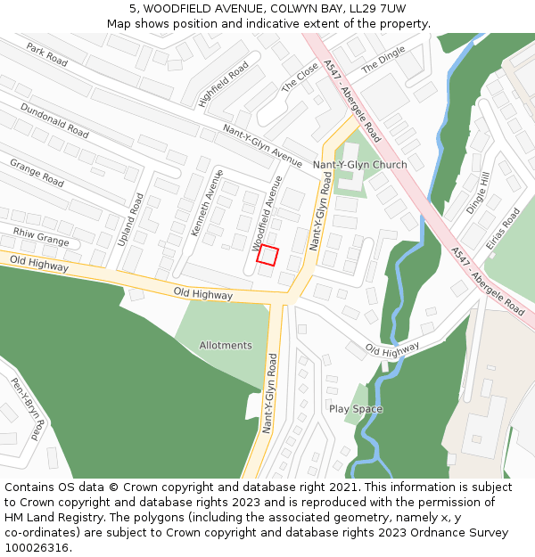 5, WOODFIELD AVENUE, COLWYN BAY, LL29 7UW: Location map and indicative extent of plot