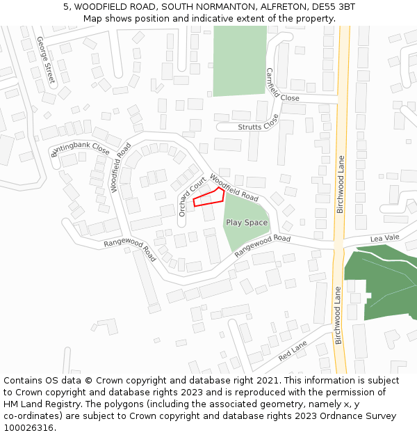 5, WOODFIELD ROAD, SOUTH NORMANTON, ALFRETON, DE55 3BT: Location map and indicative extent of plot