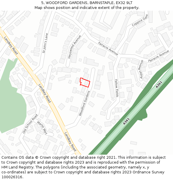 5, WOODFORD GARDENS, BARNSTAPLE, EX32 9LT: Location map and indicative extent of plot