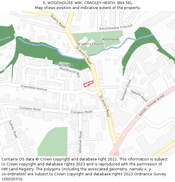 5, WOODHOUSE WAY, CRADLEY HEATH, B64 5EL: Location map and indicative extent of plot