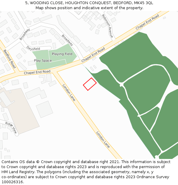 5, WOODING CLOSE, HOUGHTON CONQUEST, BEDFORD, MK45 3QL: Location map and indicative extent of plot