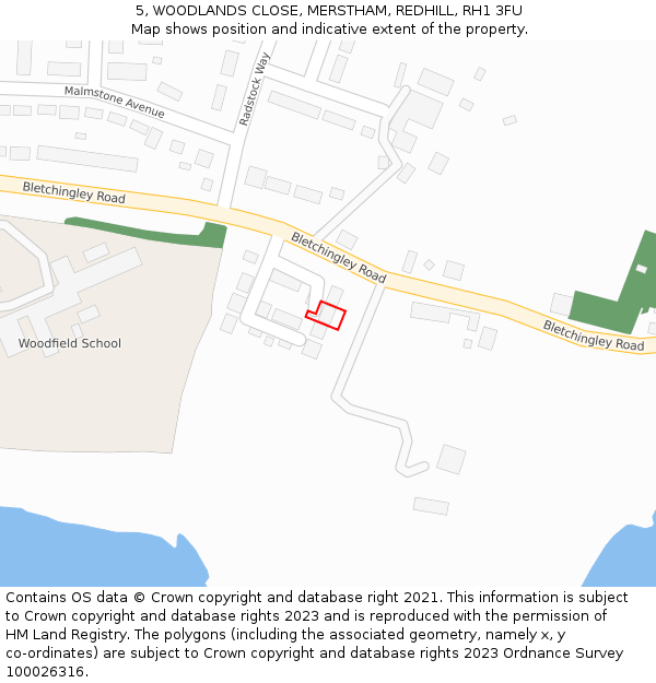 5, WOODLANDS CLOSE, MERSTHAM, REDHILL, RH1 3FU: Location map and indicative extent of plot