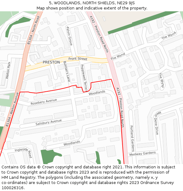 5, WOODLANDS, NORTH SHIELDS, NE29 9JS: Location map and indicative extent of plot